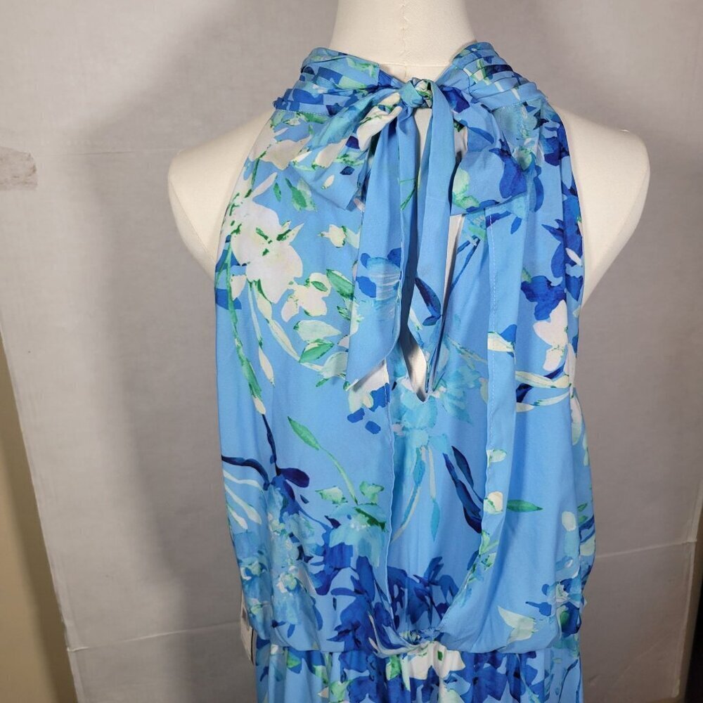 Adrianna Papell Blue Halter Tie Neck Floral Sleeveless Maxi Dress Size 16 - Picture 4 of 11